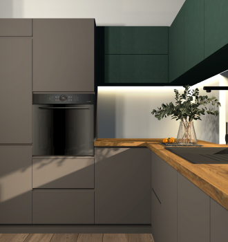 Konyha látványterv zöld ajtófrontokkal